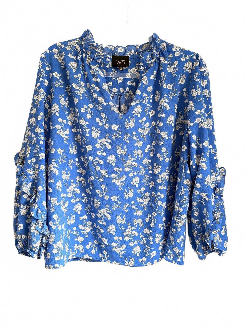 Anthropologie | W5 Long Sleeve V Neck Ruffle Collar Blue White Floral Blouse L